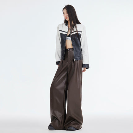 Eye-Catching Moment 2025 Autumn and Winter Versatile American Retro Elastic Waist Wide-Leg Casual Loose Black Leather Pants