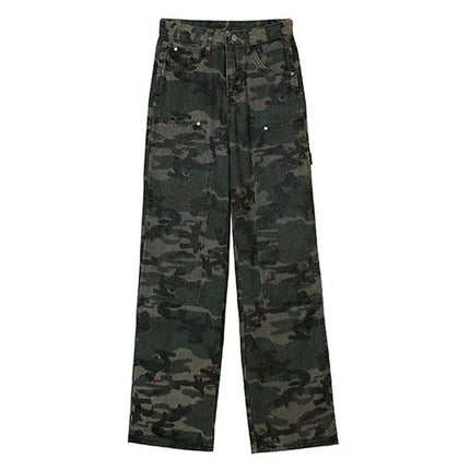 Hip Hop High Street Hiphop Tooling American Autumn and Winter Camouflage Jeans Women's Design Wide Leg Loose Straight Long Pants