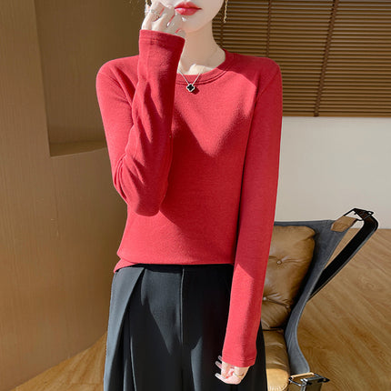 Autumn and Winter New Velvet Bottoming Knitwear for Women, Warm Cotton, Classy Quality Round Neck, Simple and Versatile Inner Long-Sleeved Knitwear