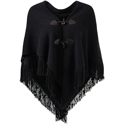 Autumn and Winter New Shawl Cloak Tassel Horn Button Pure Color Asymmetrical Double Layer Tassel Cloak Shawl Warm and Thickeneded
