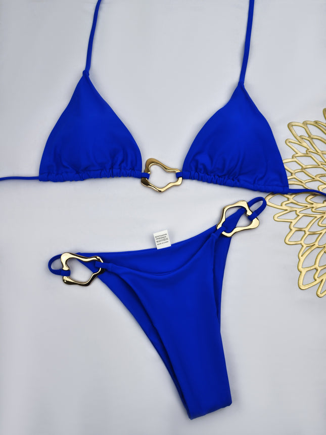 In-Stock 2025 New Style Two-Piece Bikini Swimsuit for Women, European and American Fashion, Sexy Accessories, Buckle Nylon Solid Color Swimwear