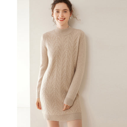 Fashionable New Style Half-High Collar Cable-Knit Cashmere Dress for Women, Plus Size, Autumn and Winter New Mid-Length Sweater Dress