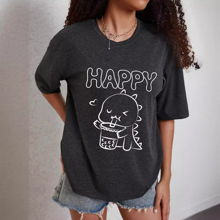 Fashion Joker Texture Color Cotton T-shirt Cartoon Dinosaur Clove Printing Casual Loose Short Sleeve European and American Cross