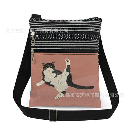 Cross-Border New Product Double Zipper Cat Print Single Shoulder Crossbody Bag Ultra-Light Cross-Border Style Messenger Bag Fashionable and Cute Women's Bag
