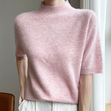 One-Piece Seamless Autumn and Winter Half-High Collar Five-Quarter Sleeve Knit Top for Women, Loose Short-Sleeve T-Shirt Knit Top for Layering