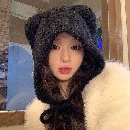 Cute Bear Ear Knitted Hat for Women, Autumn and Winter, Makes the Face Look Smaller, Versatile, Warm Woolen Hat, Cold-Proof Plush Ear Protection Hat
