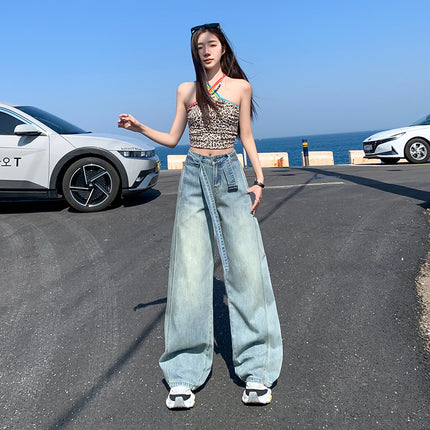 Vintage Belt Wide Leg Jeans Women's 2025 Summer New Style Straight Loose High Waist Dosing Slim-fit Mop Pants