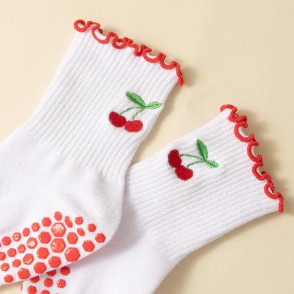 Yoga socks ladies mid-tube socks dispensing non-slip agaric lace cherry embroidery professional training running Pilates
