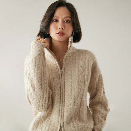 Stand Collar Five-Pin Thickened Cable Heavy Cashmere Cardigan Women's Retro Zipper Long-Sleeved Sweater