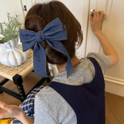 Korean-Style Denim Bow Large Duckbill Clip High-End Ponytail Clip Hair Accessory Half-Tied Ribbon Hairpin for the Back of the Head