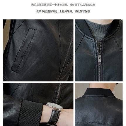 2022winter new men's short leather baseball jacket men's Korean-style slim-fit motorcycle leather jacket fleece-lined