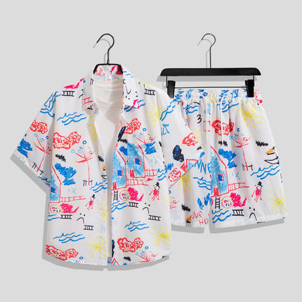 Men's Ins Summer Loose Short-Sleeved Shorts Suit Trendy and Handsome Beach Floral Couple Clothes Hawaiian Style Shirt