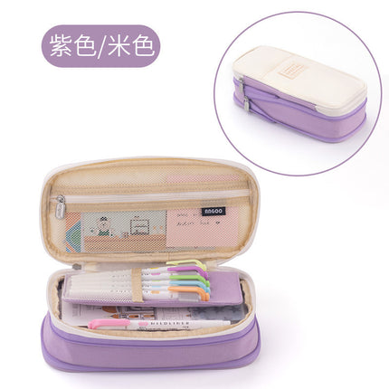 in stock Multi-layer Canvas Retractable Pencil Case Korean Simple High School Student Macaron Color-block Variable Large Capacity Pencil Case