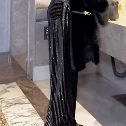 Chinese Style Rhinestone High-End Black High-Waisted Straight Wide-Leg Pants for Women, Winter Slimming Versatile European High-Quality Floor-Length Pants