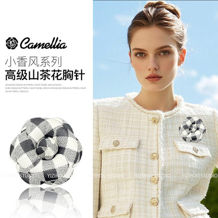 Camellia Brooch with High-Quality Plaid Fabric for Summer and Autumn, Versatile Pin Brooch for High-End Clothing and Bags
