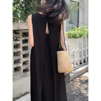 French Style Sleeveless Cotton and Linen Dress for Women 2024 Summer New Design Back Cut Out Round Neck Vest Dress