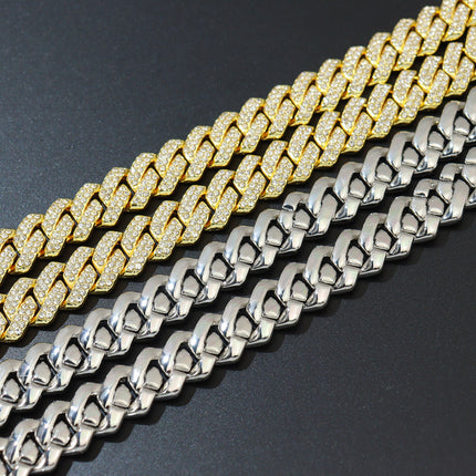 Cross-Border Jewelry 14mm Diamond-Shaped Cuban Chain Wide European and American Hip-Hop Full Diamond Double-Row Diamond Necklace Accessories Necklace