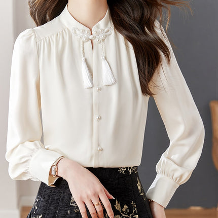 New Chinese Style Chinese Style Zen Style Improved Hanfu Long Sleeve Shirt Women's Matching Horse Face Skirt Elegant Top