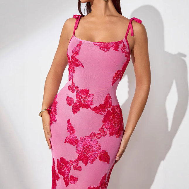 2025 summer cross-border new European and American high-end fashion slim sling hip sexy three-dimensional dish flower dress