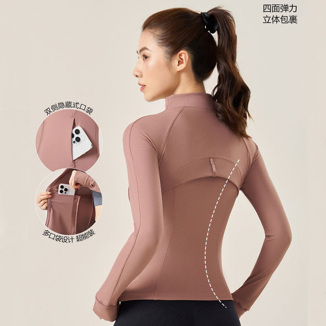 Casual Sports Yoga Jacket with Stand-Up Collar, Slim-Fit Long-Sleeve Running Top, Lulu Fitness Wear, Slim-Fit Yoga Clothing