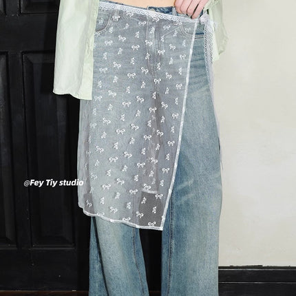 South Korea lace gauze skirt personalized sweet cool new style lace fart curtain apron women's stacked lace-up skirt all-Match cover skirt