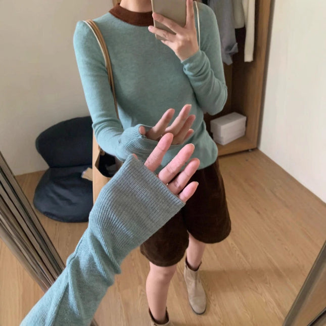 Highly Recommended Green Pullover Knit Sweater for Women in Autumn, Color-Blocking Slim-Fit Sweater for Layering and Commuting