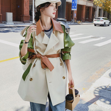 This year's popular pu leather stitching trench coat coat women's spring and autumn high-end Korean style mid-length casual coat