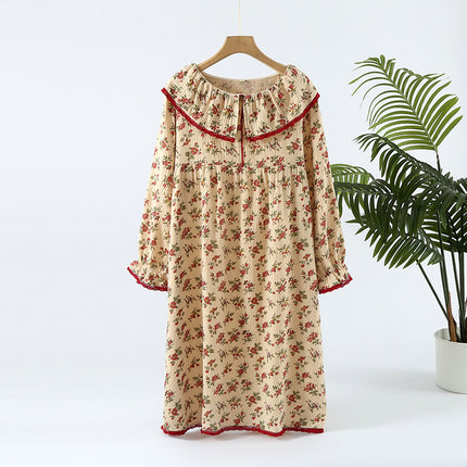 French-style long cotton nightdress women's spring and summer long-sleeved over-the-knee double-layer yarn crepe loose retro home can be worn outside