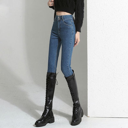 Vintage Blue fleece-lined Thickened Jeans Women's Autumn and Winter 2024 New High Waist Slimming Tight American Pencil Pencil Pants
