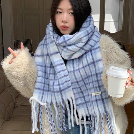 Korean Style Solid Color Tassel Plush Scarf Women's Winter Outdoor Cycling Student Commuting Warm Cold-proof Fashionable Scarf