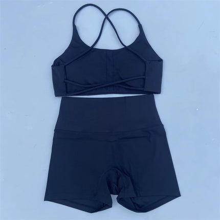 Shorts Set Women's Soft Naked Tight Yoga Shorts Back Hollow Out Back Cross Underwear Yoga Set