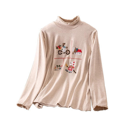 8177 Mori Style Sweet Embroidered High Neck Stretch Long Sleeve Base Shirt Loose All-match Cotton Slim Inner Top