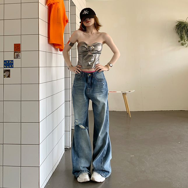 American Style Ripped Bootcut Jeans for Women 2025 Summer New Loose High-Waisted Slimming Non-Stick Leg Flared Pants