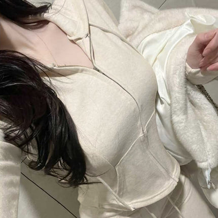 South Korea Dongdaemun Simple Slim-fit Sexy Figure Temperament Hooded Jacket Casual Pants Two-piece Suit for Women