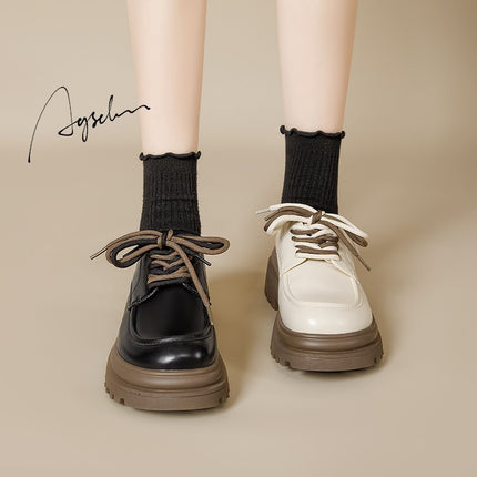 White Thick-Soled Sponge Cake Small Leather Shoes for Women 2025 Spring New Retro British Style Versatile Dwarf Height-Increasing Shoes