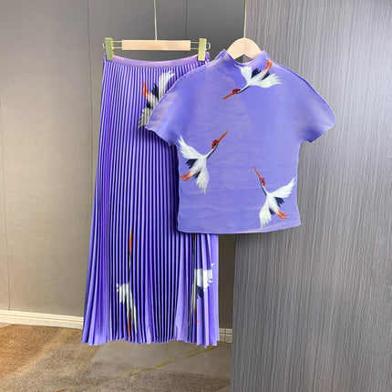 Fashion Wholesale Printed Two-Piece Set High-End Women's Top Pleated Skirt Two-Piece Set Commuter Pleated Skirt Suit