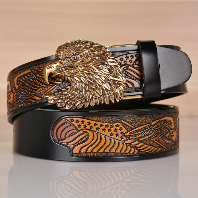 Wholesale Cowhide Men's Belt Eagle Pattern Embossed Retro Eagle Head Automatic Buckle Casual Belt Men's Personalized Trouser Belt