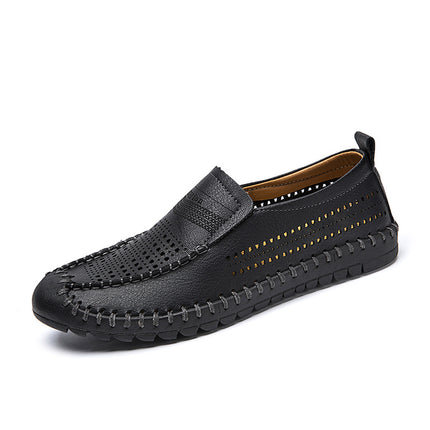Cross-Border Hot-Selling Spring and Summer New Products Hand-Stitched Casual Men's Shoes Fashionable Hollow Versatile Breathable Genuine Leather Beanie Shoes