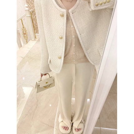 White knitted wide-leg pants for women autumn and winter slimming straight draping slightly flared loose lazy mop long pants trendy