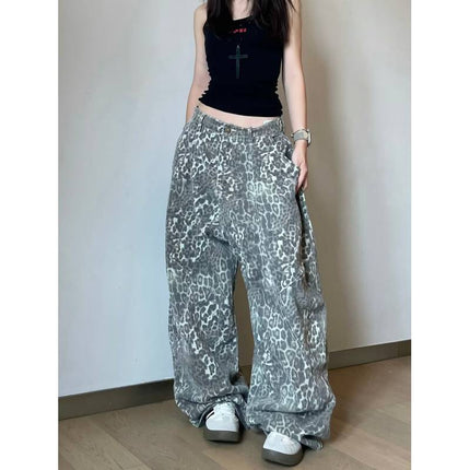 American Retro Loose Bf Lazy Style Leopard Print Jeans for Women, Trendy Distressed Floor-Length Pants