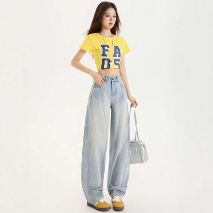 Wholesale Dropshipping Popular American Retro Side Seam High-Rise Design Loose Slimming Versatile Fashion Floor-Length Jeans for Women