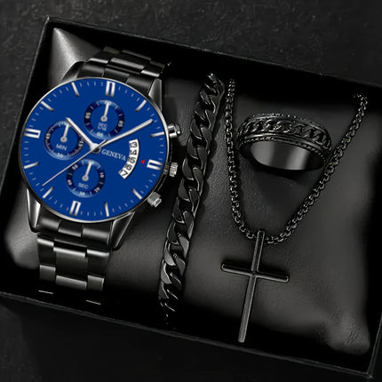 Men's 4-piece Luxury Stainless Steel Quartz Watch with Calendar Gold Cross Necklace Bracelet and Ring