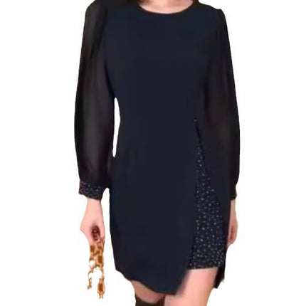 Cross-border European and American plus size women's 2024 new temperament mesh stitching nail beads loose plus size dress wholesale