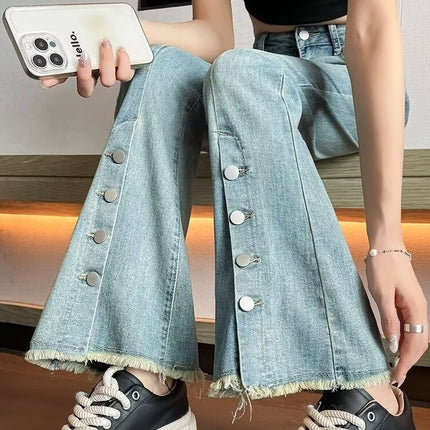 Cement gray frayed micro-blazer jeans women's fashion all-match new split-breasted design horn horseshoe pants
