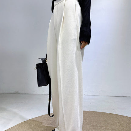 Pet Fans: Autumn and Winter New Style Wool Acetate White Wide-Leg Pants for Women, Woolen Suit Pants, Soft and Waxy Extended Casual Pants