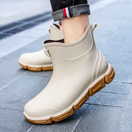 Trendy British Black Rain Boots, Rubber Shoes, Wading Short Boots, Contrasting Black and Red Chinese Style Shoes, Non-Slip and Waterproof Men's Short Boots