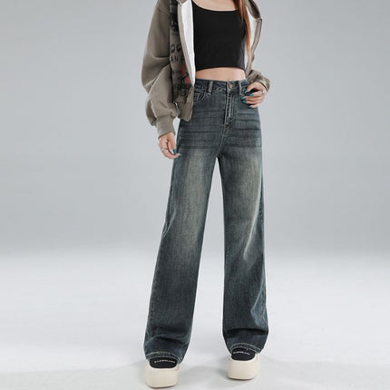 Narrow Wide-Leg Jeans for Women 2025 Autumn and Winter New Wide Elastic High-Waist Petite Draped Fleece-Lined Straight Floor-Length Pants