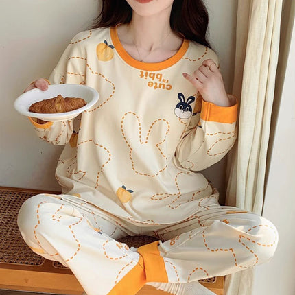 Cute Style Pajamas Women's Spring and Autumn New Cotton Round Neck Long Sleeve Trousers Korean Style Girl's Student Home Clothes suit