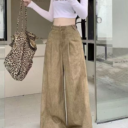Petite Design American-Style Dark Khaki Retro High-Waisted Women's Wide-Leg Loose Slimming Straight-Leg Floor-Length Jeans