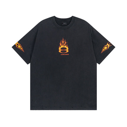 High-Quality Trendy Brand Paris Double Ring 300g Flame Direct Spray Printing Washed Distressed Short-Sleeved T-Shirt for Men and Women Same Style S-Shirt